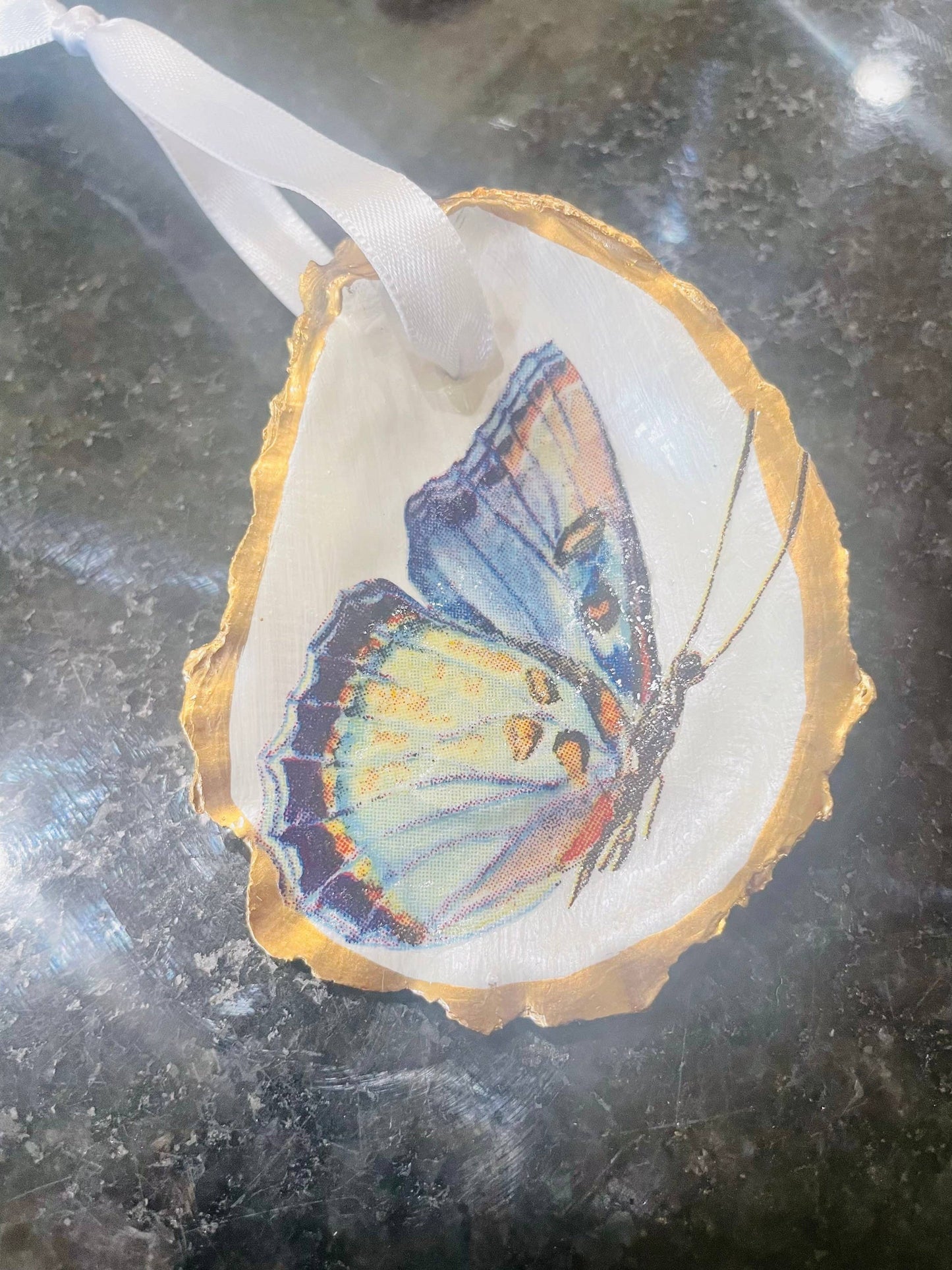 Decoupaged Butterfly Oyster Shell Ornament
