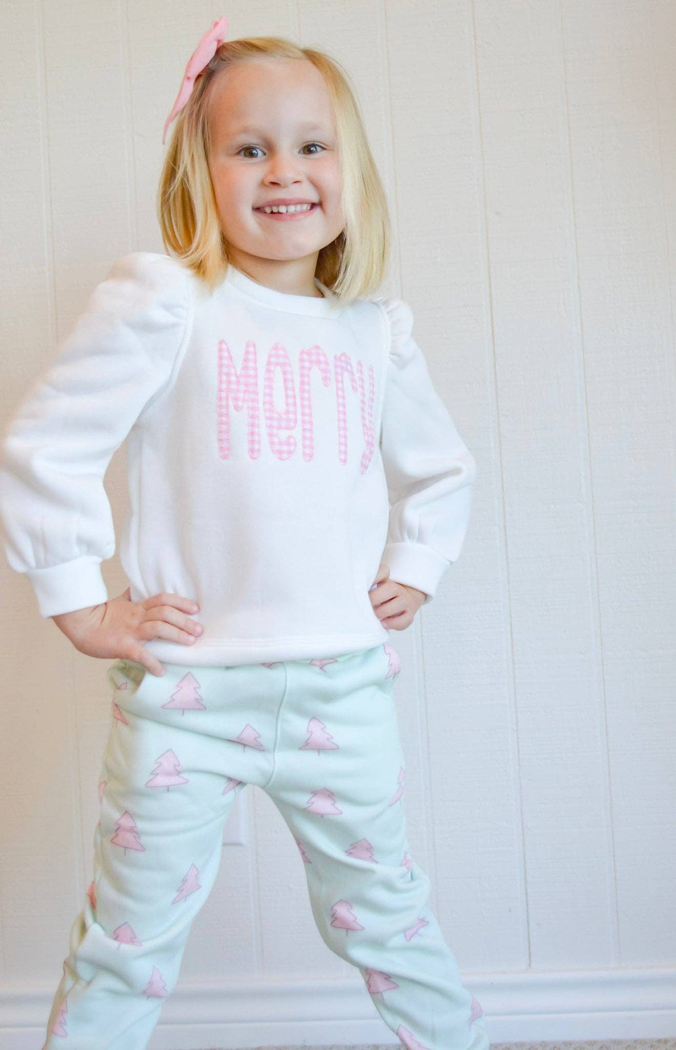 Puff Sleeve Pullover - Pink Gingham Merry (youth)