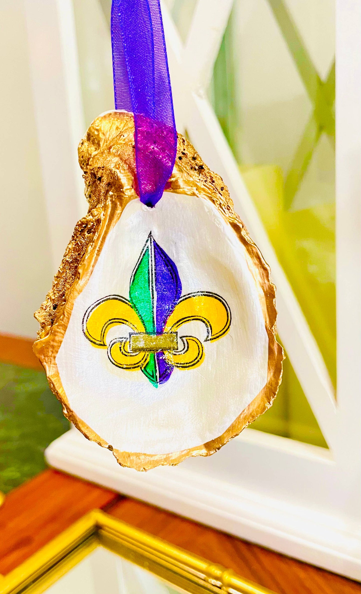 Decoupaged Fleur De Lis Oyster Shell Ornament