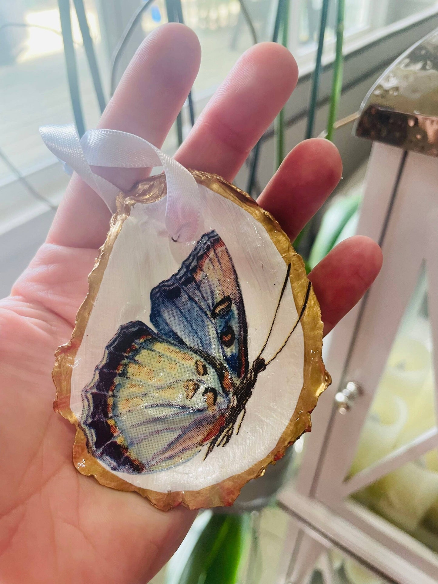 Decoupaged Butterfly Oyster Shell Ornament