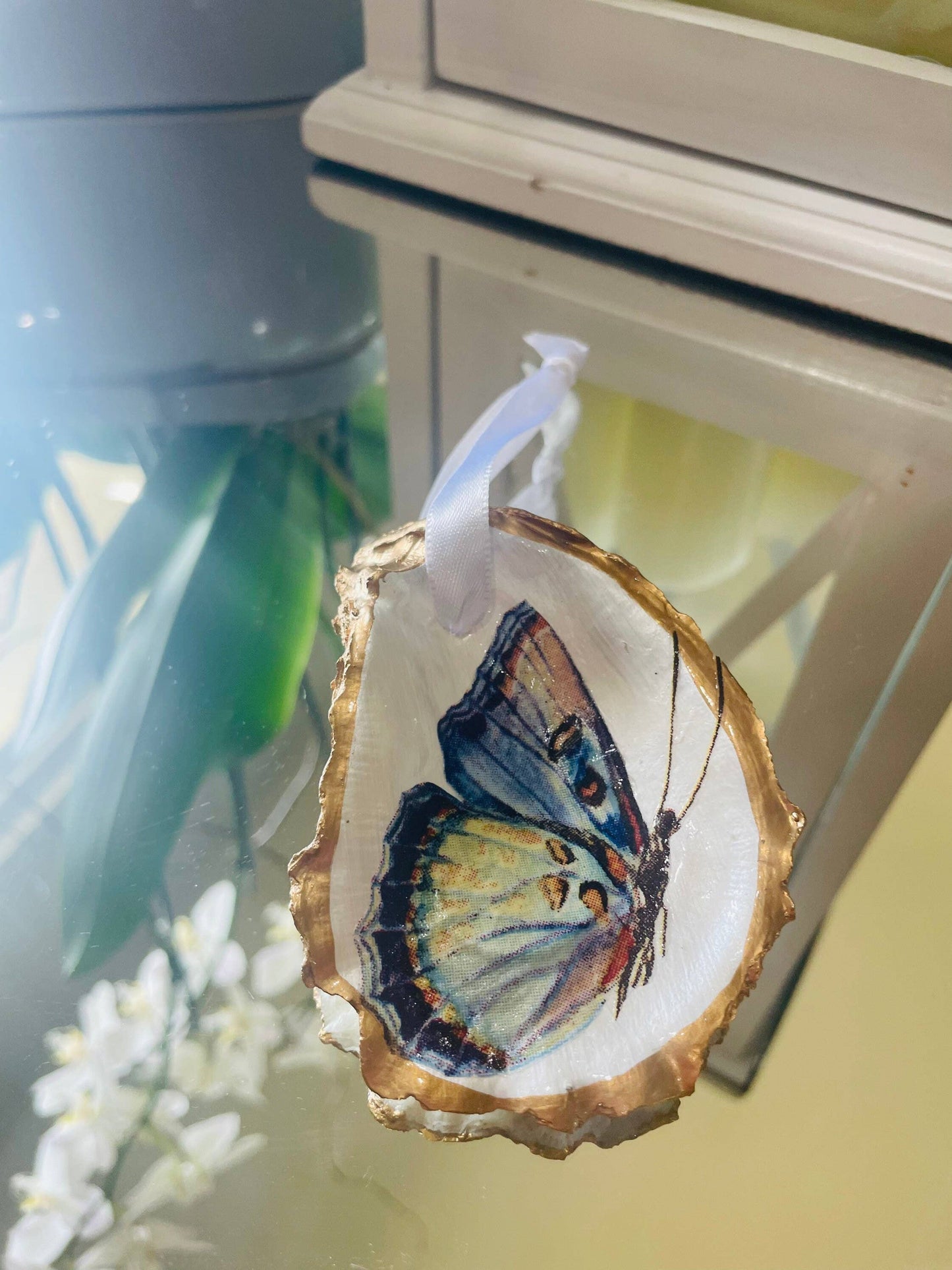 Decoupaged Butterfly Oyster Shell Ornament
