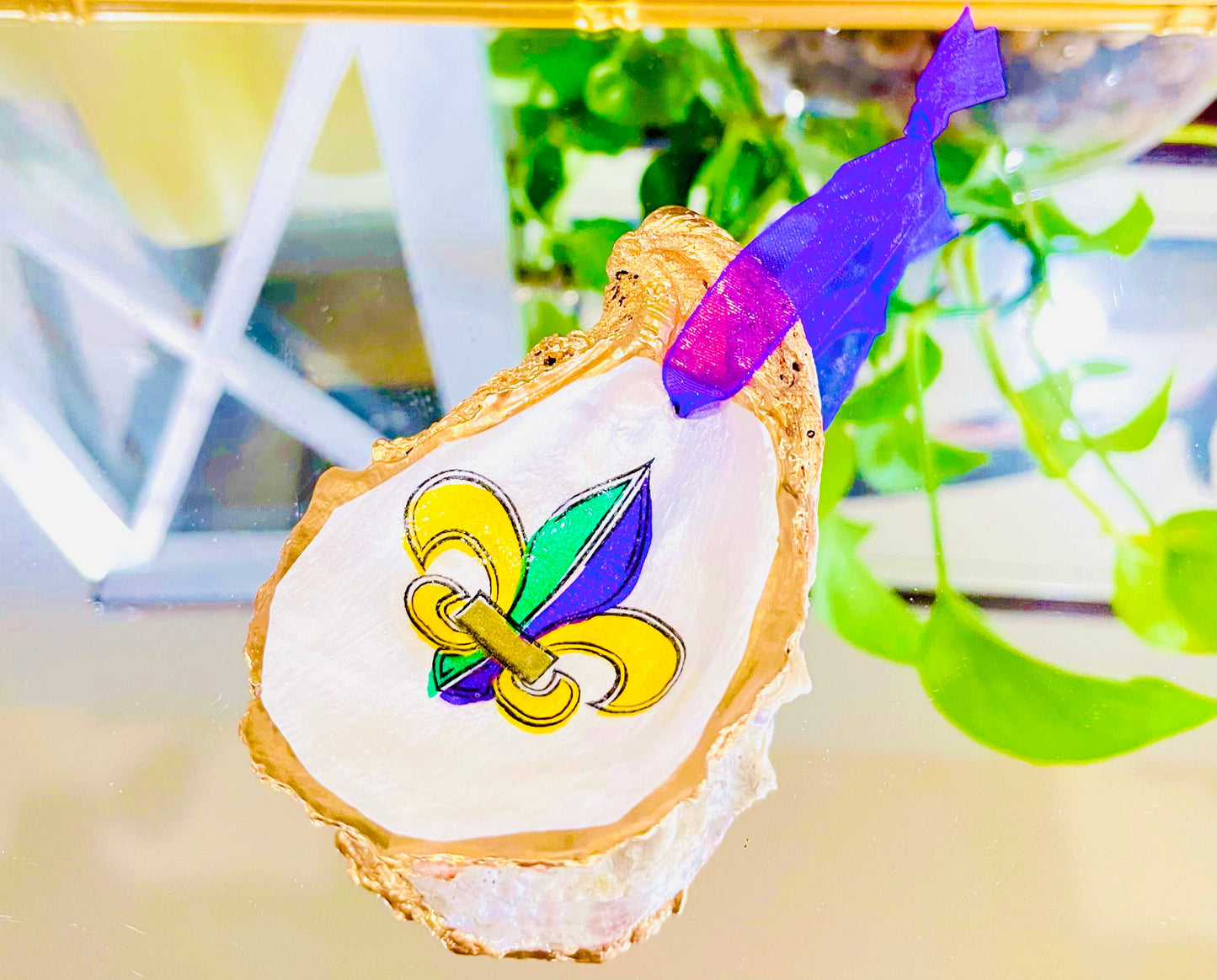 Decoupaged Fleur De Lis Oyster Shell Ornament