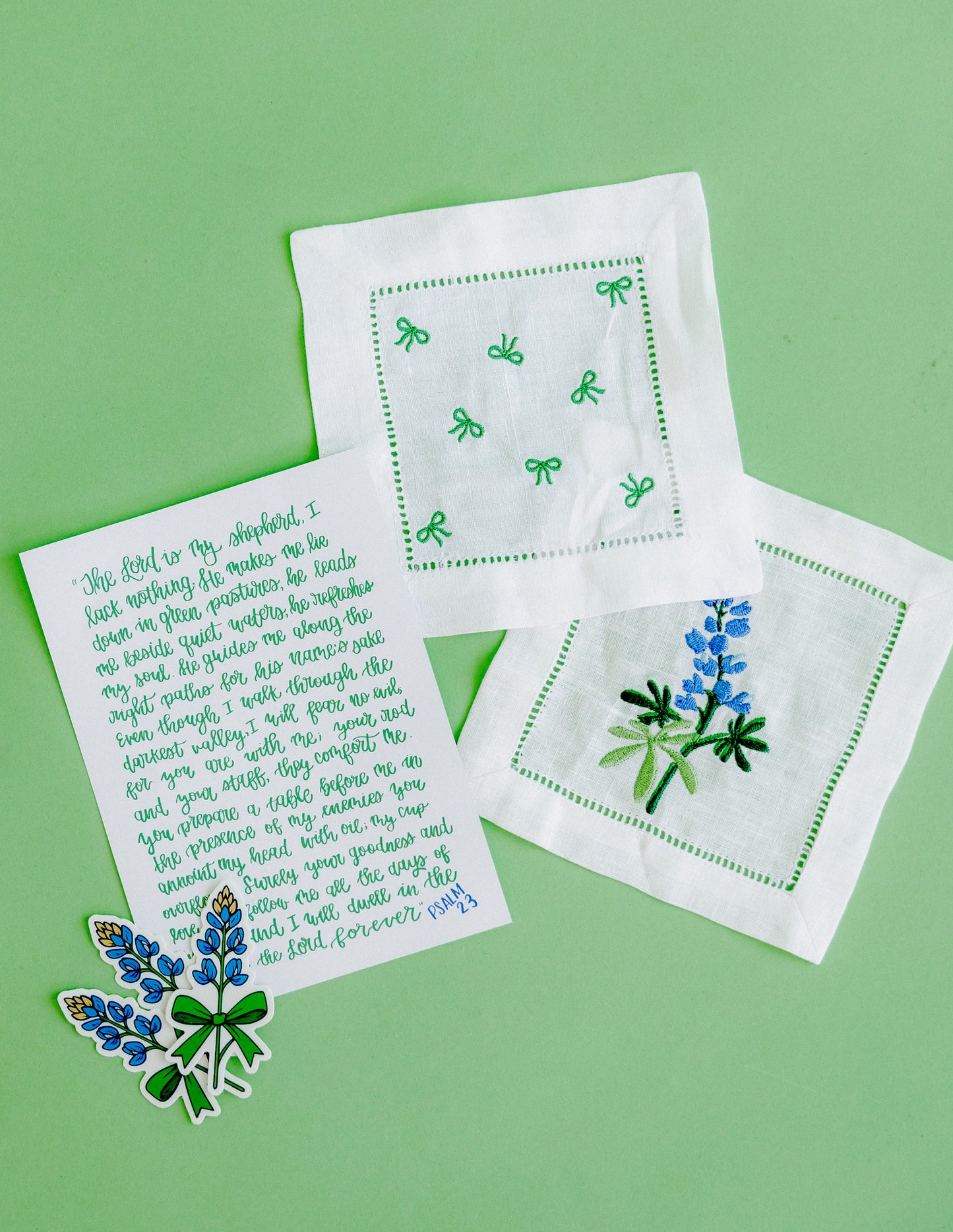 Green Bow Embroidered Cocktail Napkins (set of four)