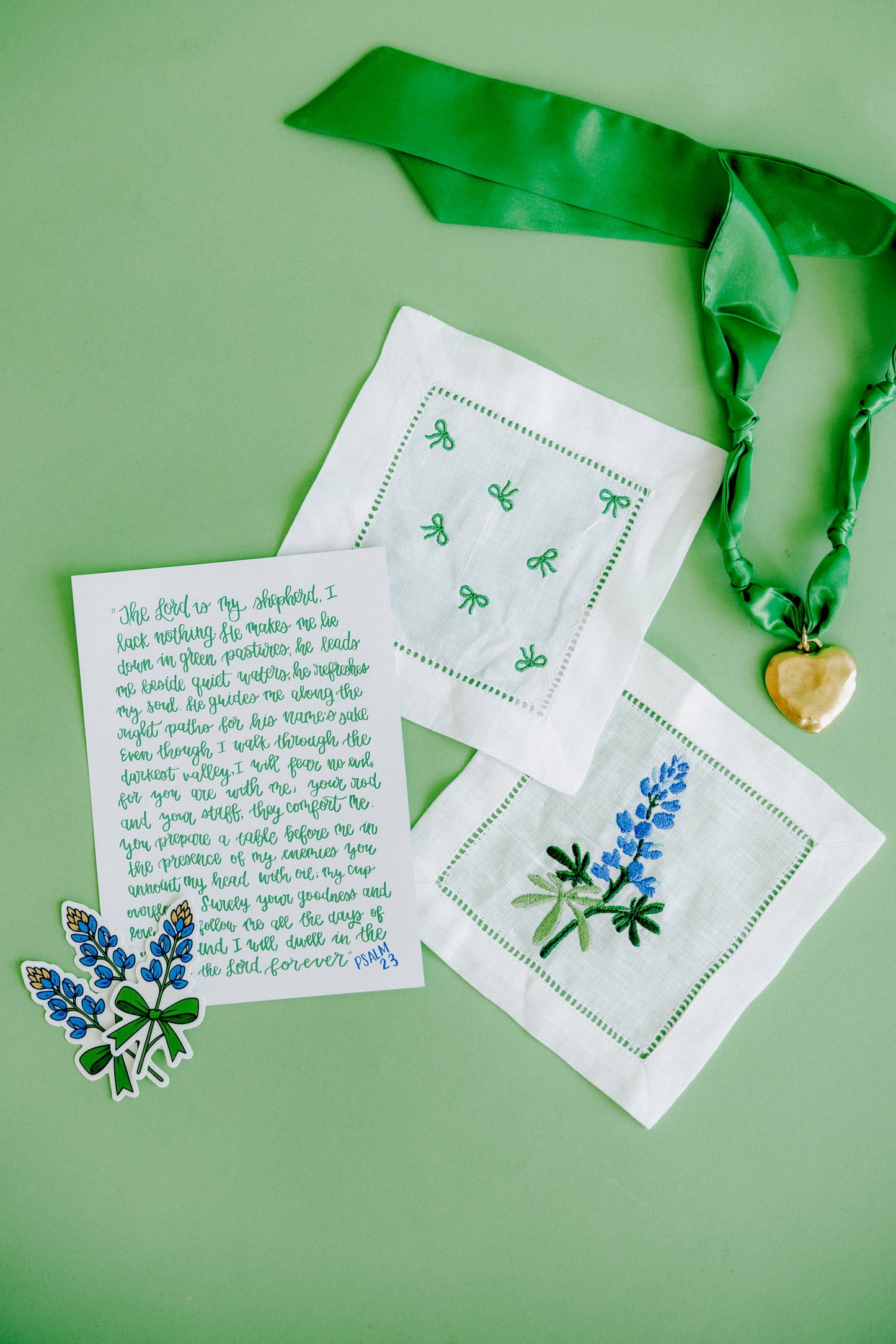 Green Bow Embroidered Cocktail Napkins (set of four)