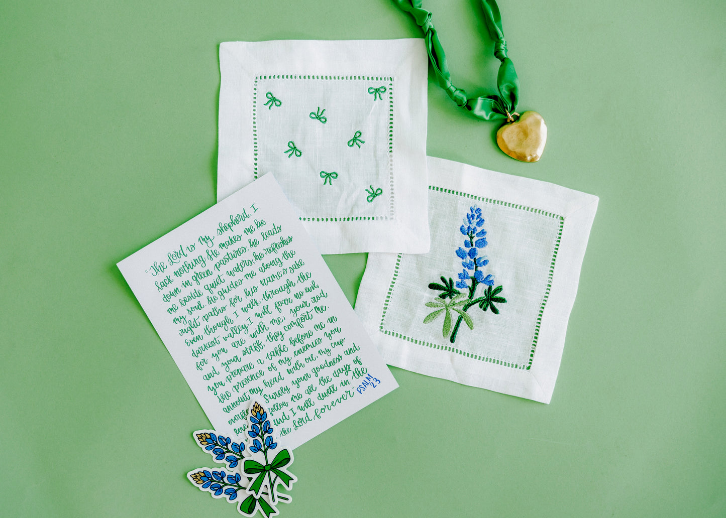 Green Bow Embroidered Cocktail Napkins (set of four)