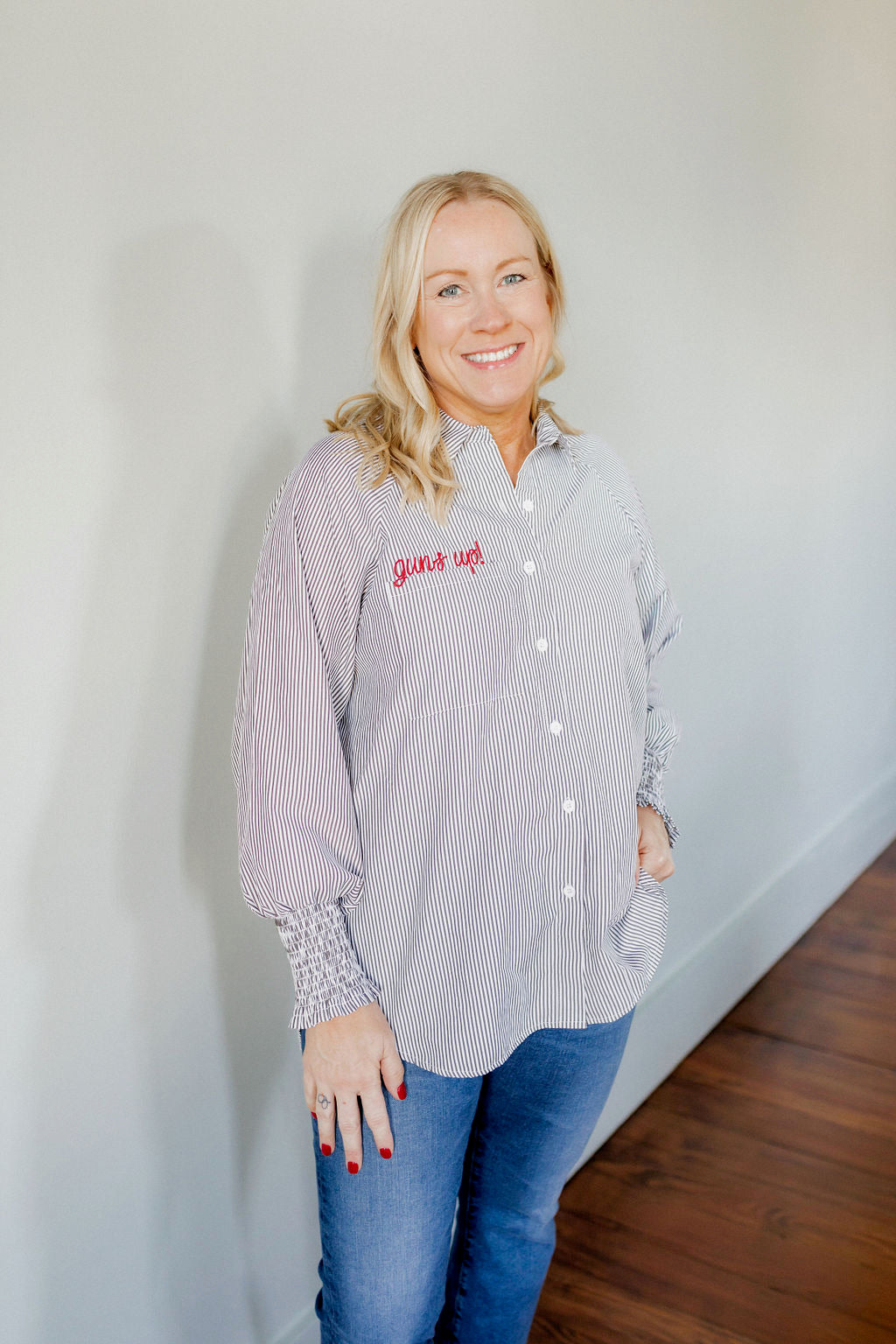Smocked cuff boyfriend shirt