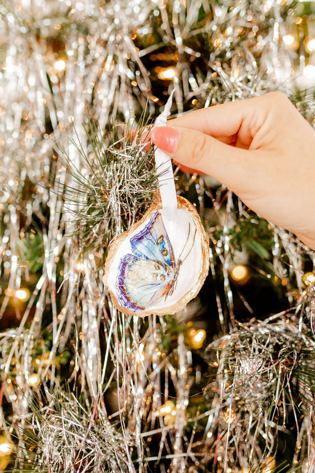Decoupaged Butterfly Oyster Shell Ornament