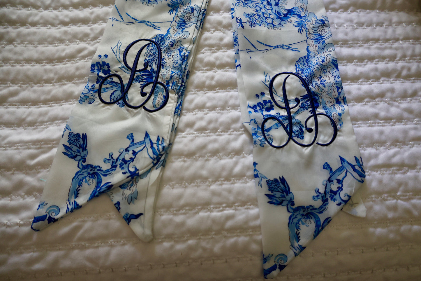 Blue chinoserie wreath sash