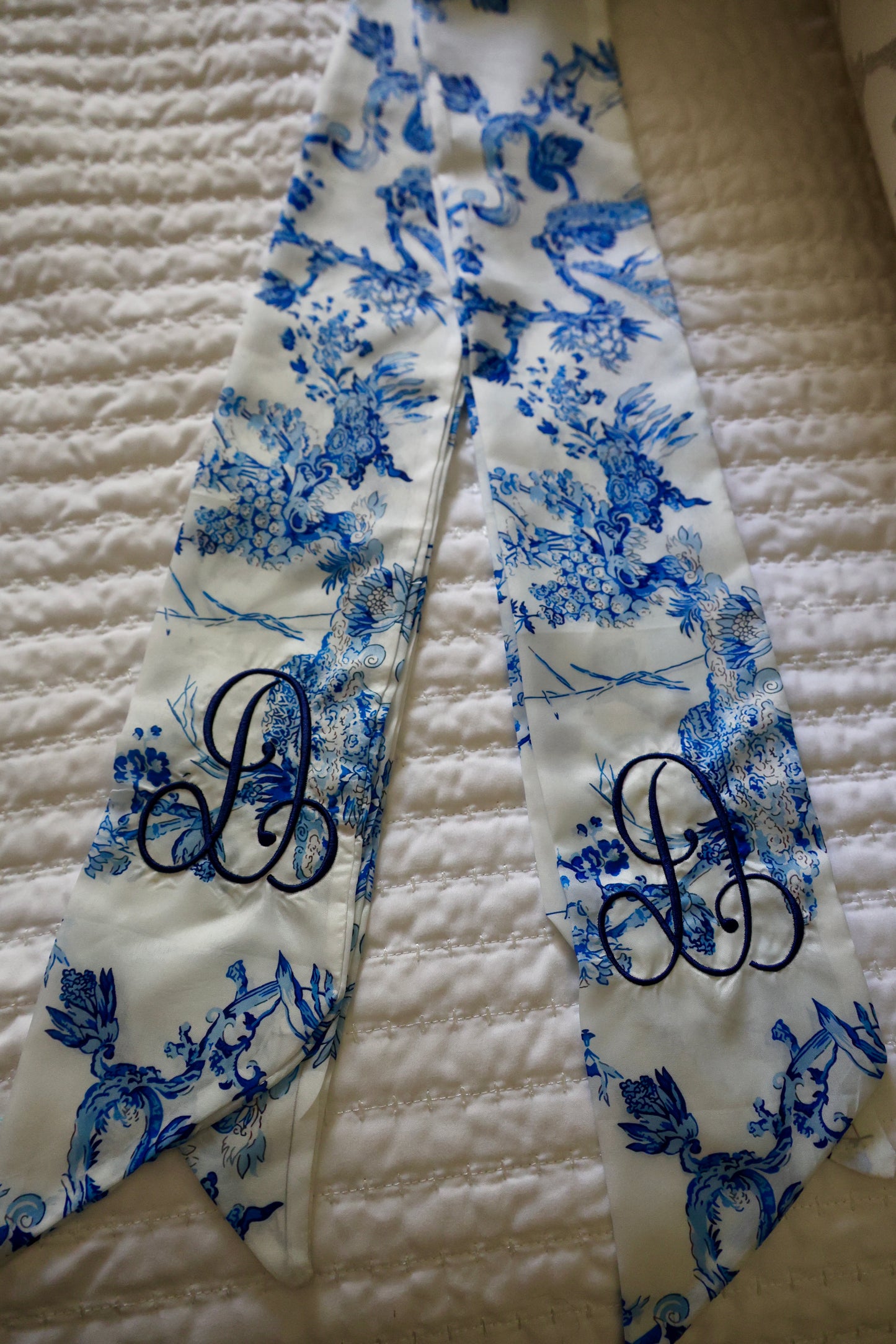 Blue chinoserie wreath sash