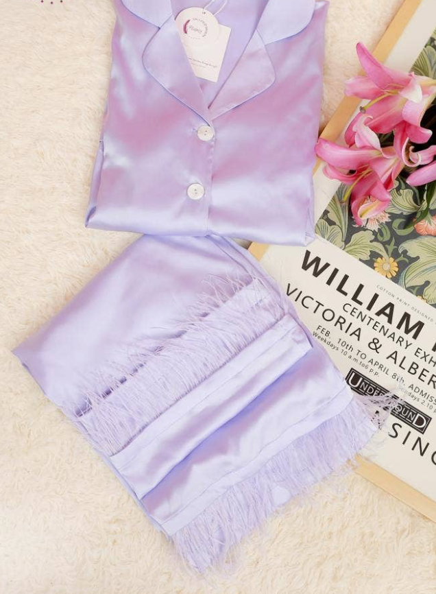 Satin Pajamas with Detachable Feathers