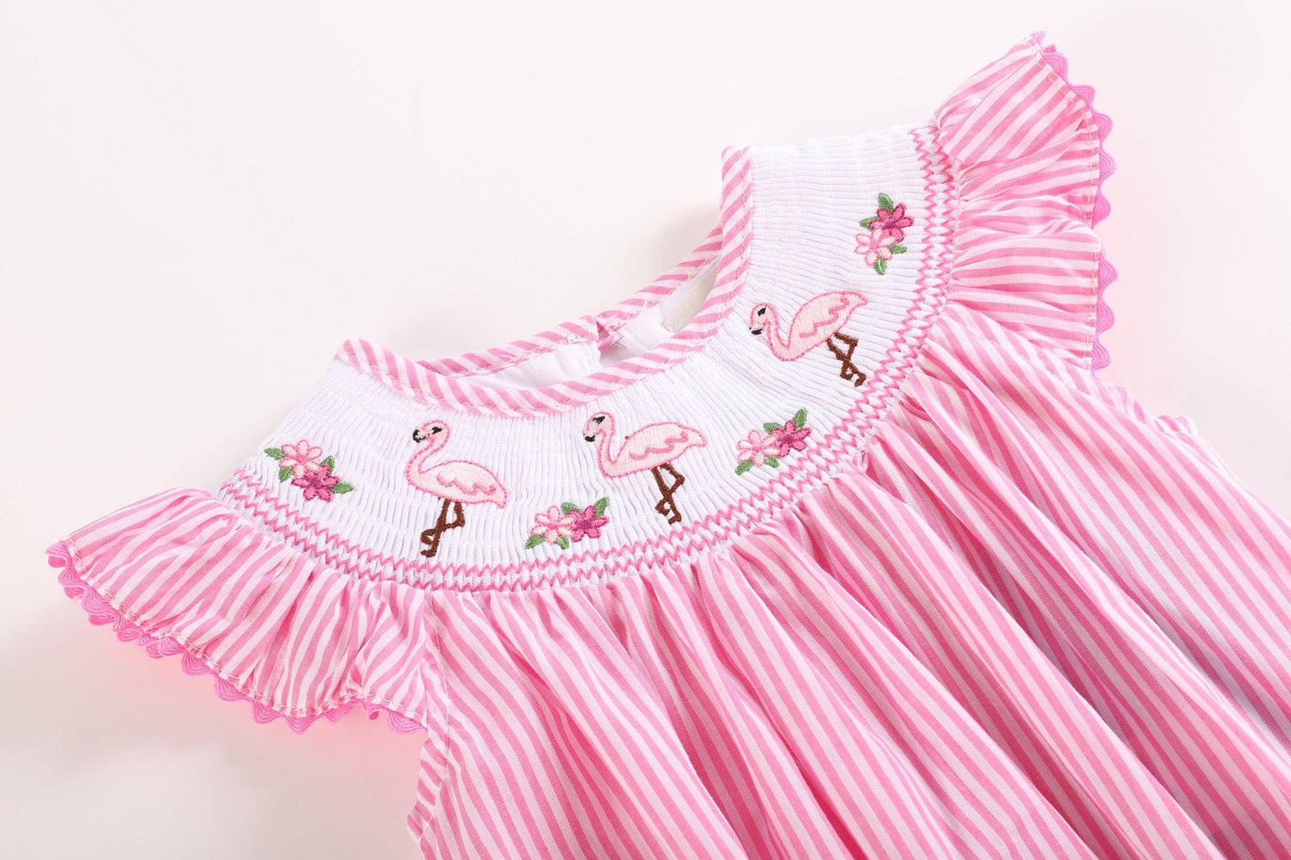 Pink Striped Flamingo Smocked Flutter Baby Romper