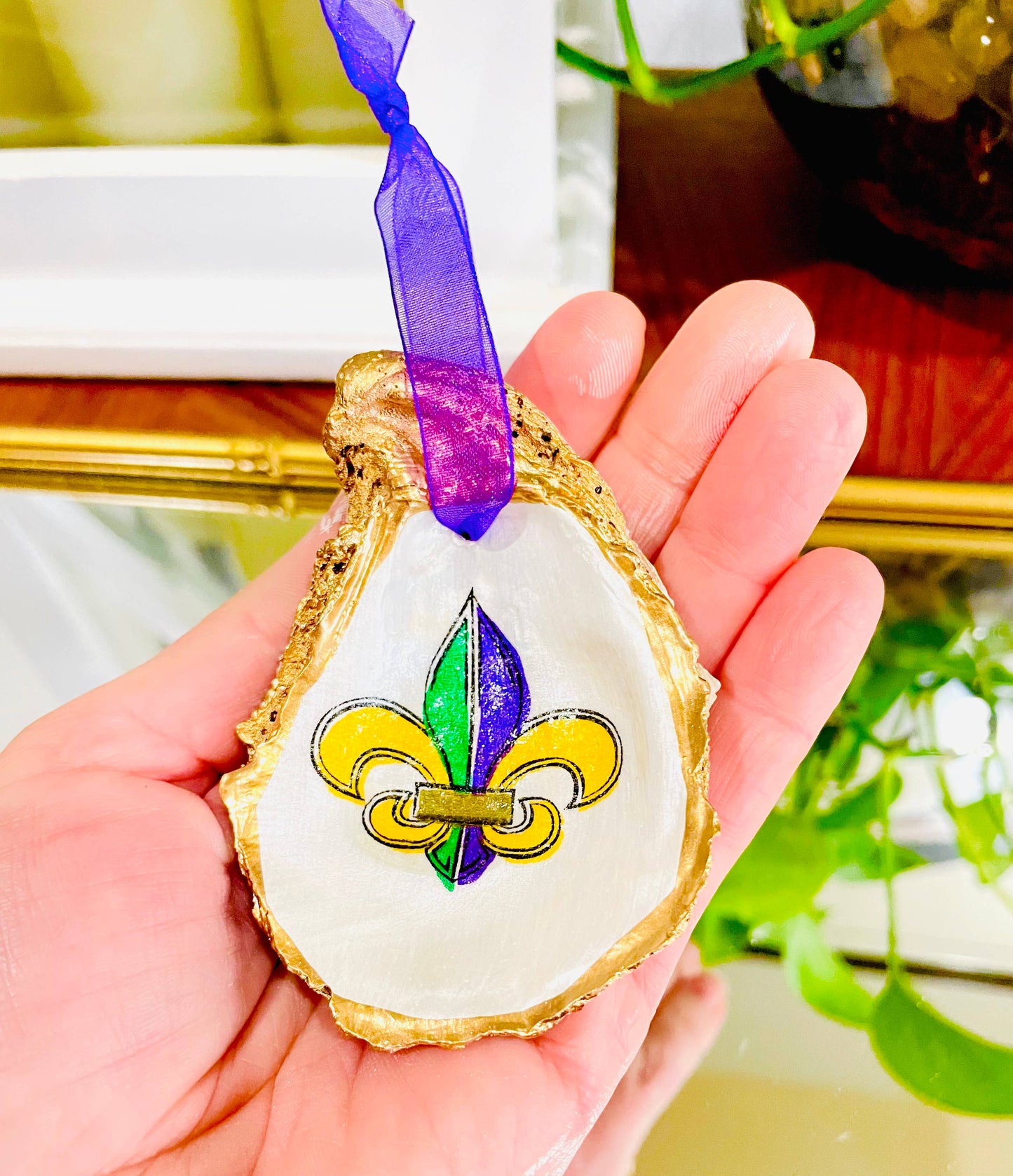 Decoupaged Fleur De Lis Oyster Shell Ornament