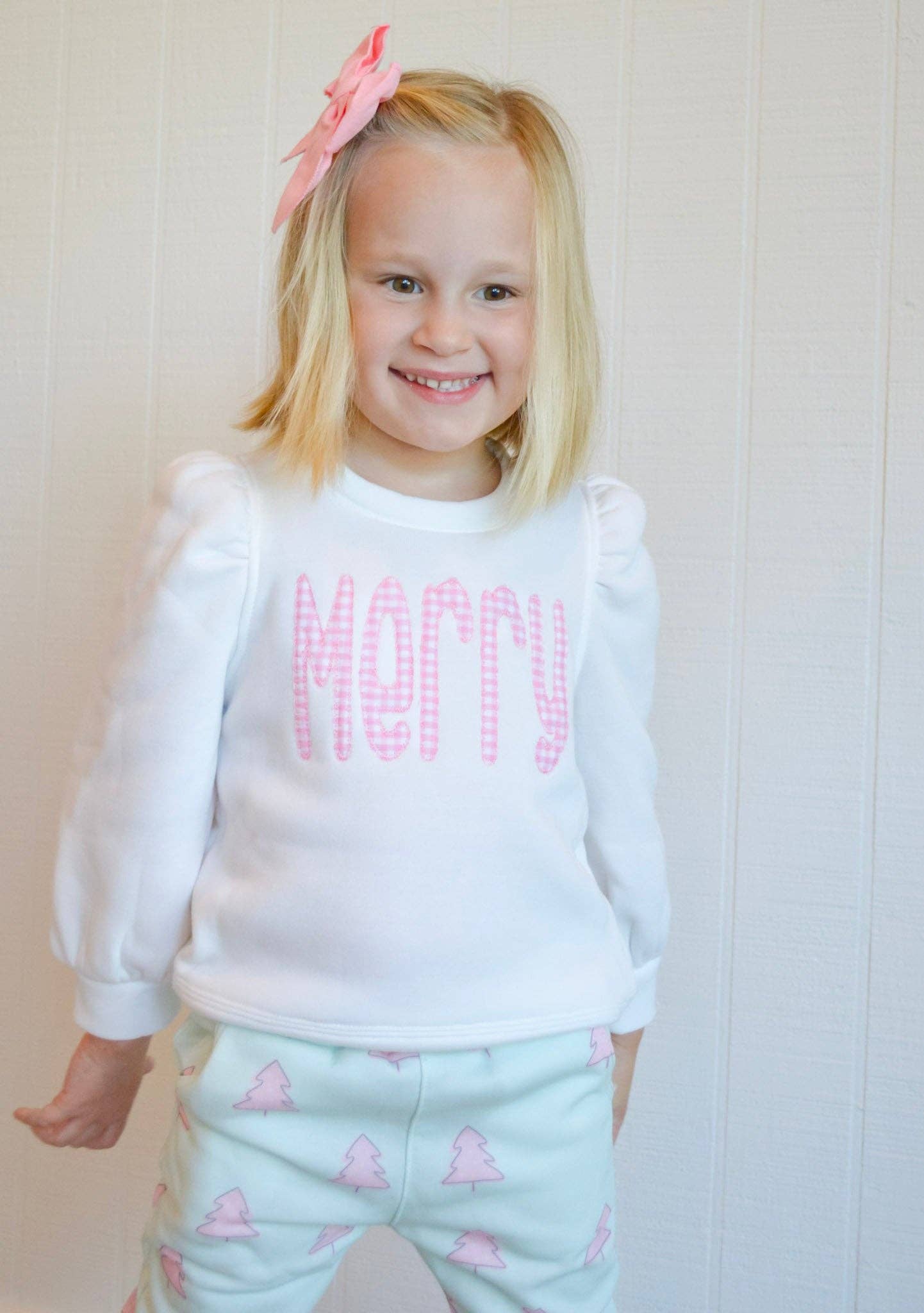 Puff Sleeve Pullover - Pink Gingham Merry (youth)