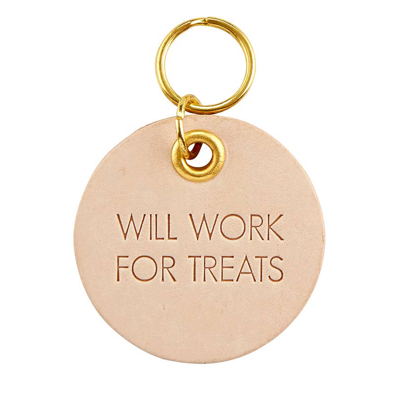 'Will Work for Treats' Leather Pet Tag