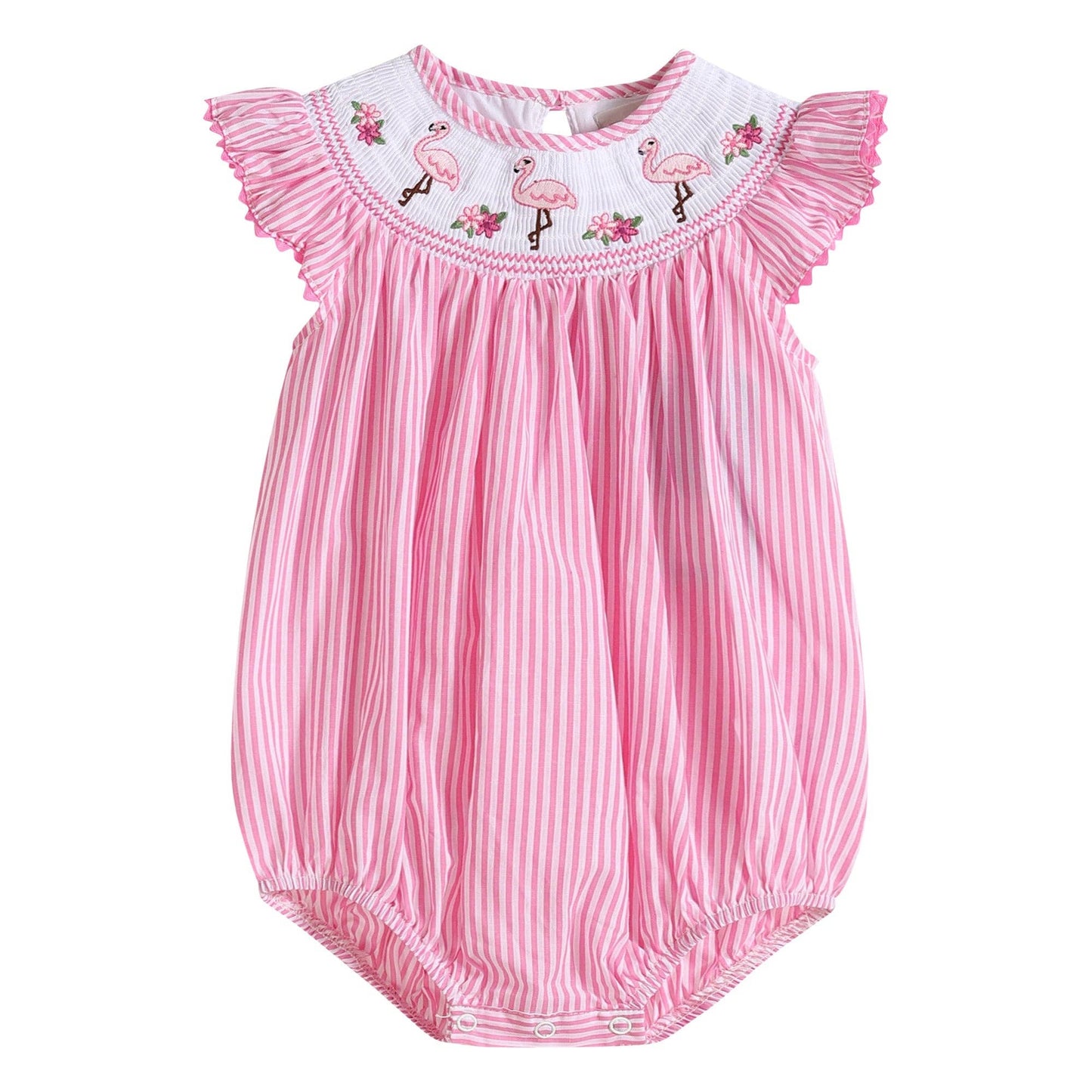 Pink Striped Flamingo Smocked Flutter Baby Romper