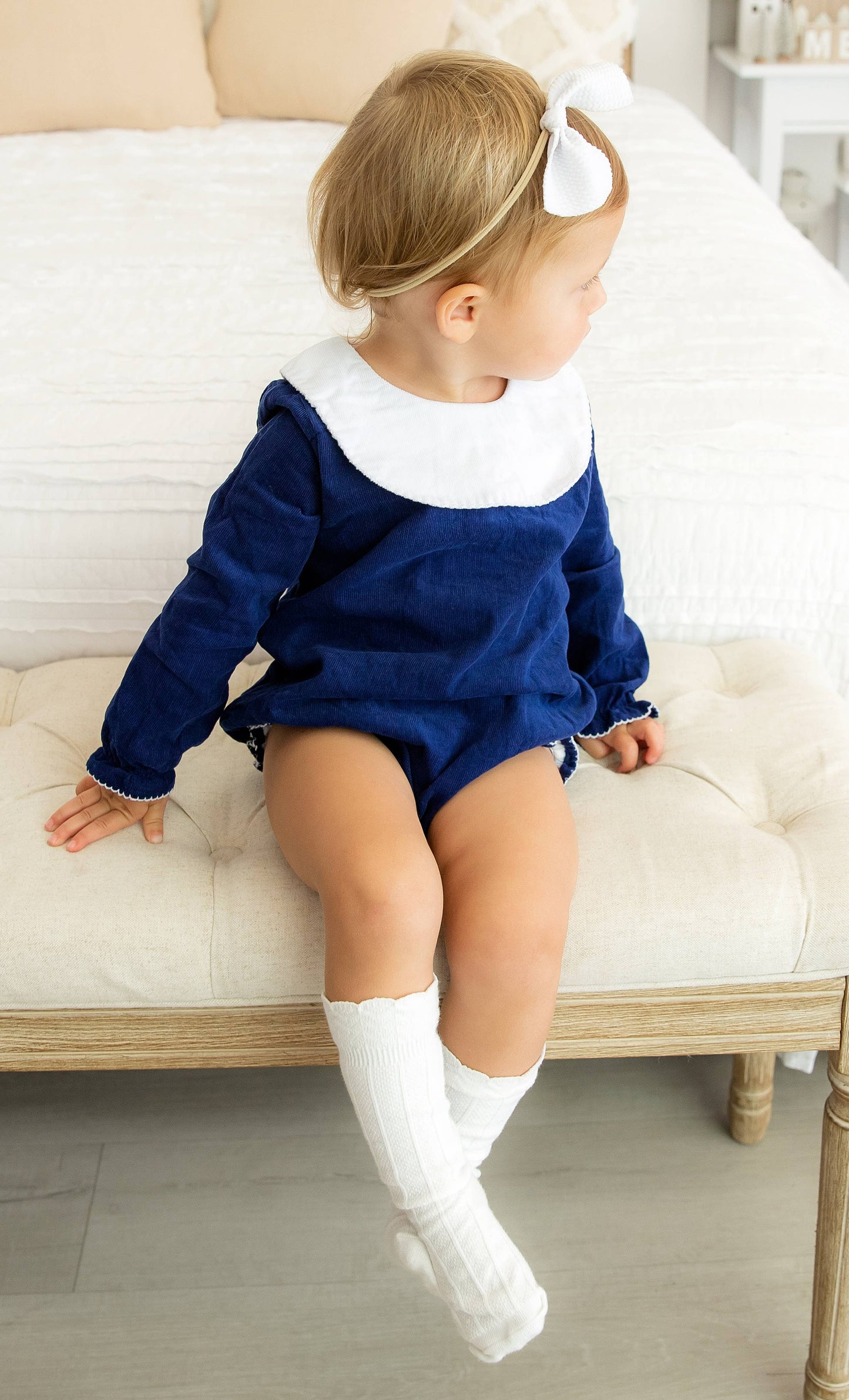 Long Sleeve Bishop Bubble Romper, Navy Corduroy