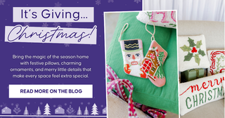 Festive Christmas pillows and ornaments beside a purple banner reading “It’s Giving... Christmas!” with a link to the blog | Whatsoever Things | Dallas, TX