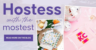Promotional banner for Hostess with the mostest, featuring a clear plastic cup with a colorful logo, a small food and drink setup, and a pink gift bag on a light background | Whatsoever Things | Dallas, TX