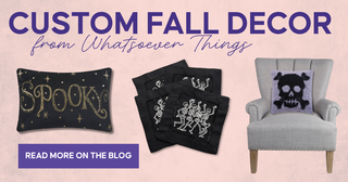 Custom fall decor featuring a “Spooky” pillow, skeleton napkins, and skull pillow. Text: “Read more on the blog." | Whatsoever Things | Dallas, TX