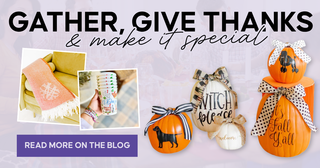 Thanksgiving decor with festive pumpkins, a patterned throw, and illustrated cups. Text: “Gather, Give Thanks & make it special. | Whatsoever Things | Dallas, TX