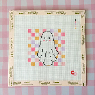 Retro Checkered Ghost Halloween Needlepoint Canvas, 18 Mesh, 4x4 Design