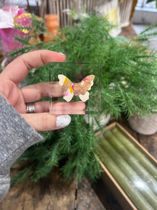 A person holding a clear lucite block with a butterfly design embedded inside it, on a table with greenery in the background.