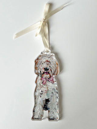 Goldendoodle with pink bow Acrylic Christmas Dog Ornament | Wreath Charm