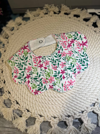 Children's Handmade Scalloped Baby Bib | Pink and Blue Floral Print Cotton Floral Baby Bib