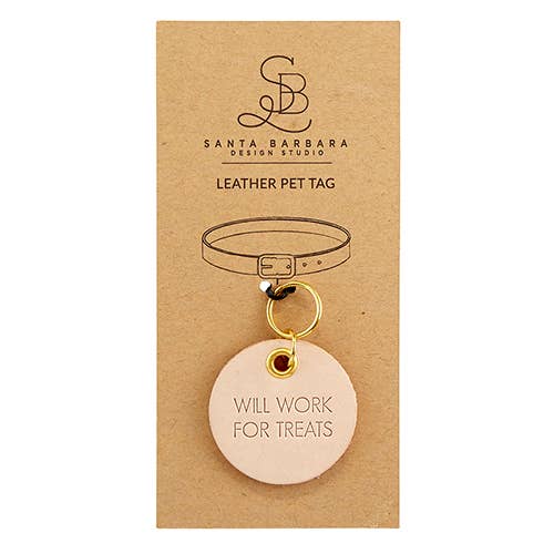 'Will Work for Treats' Leather Pet Tag