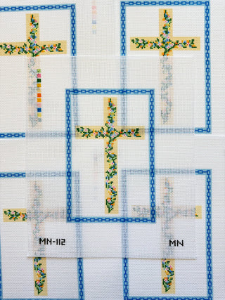 Floral Cross Blue Chain Border Needlepoint Canvas