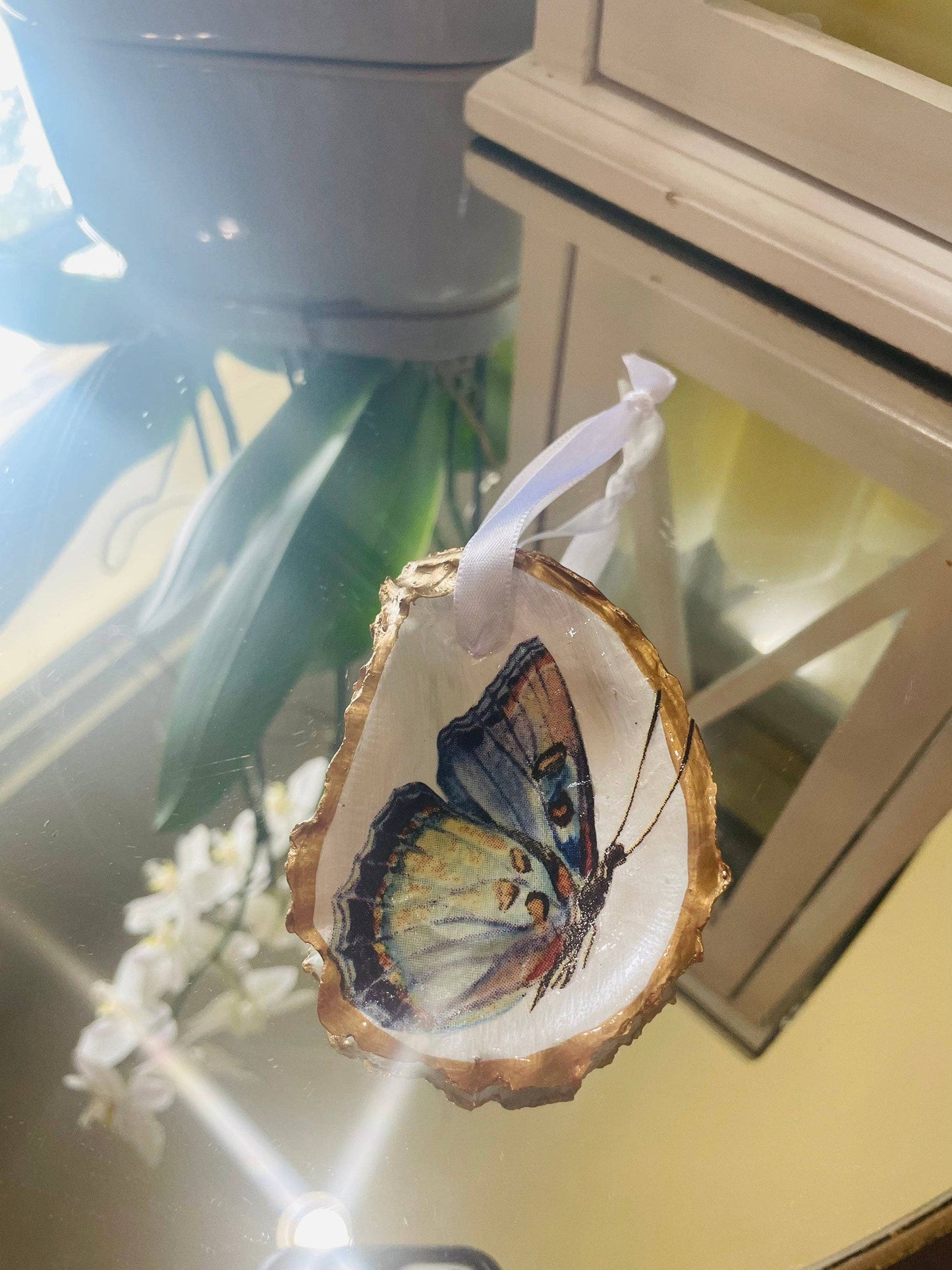 Decoupaged Butterfly Oyster Shell Ornament