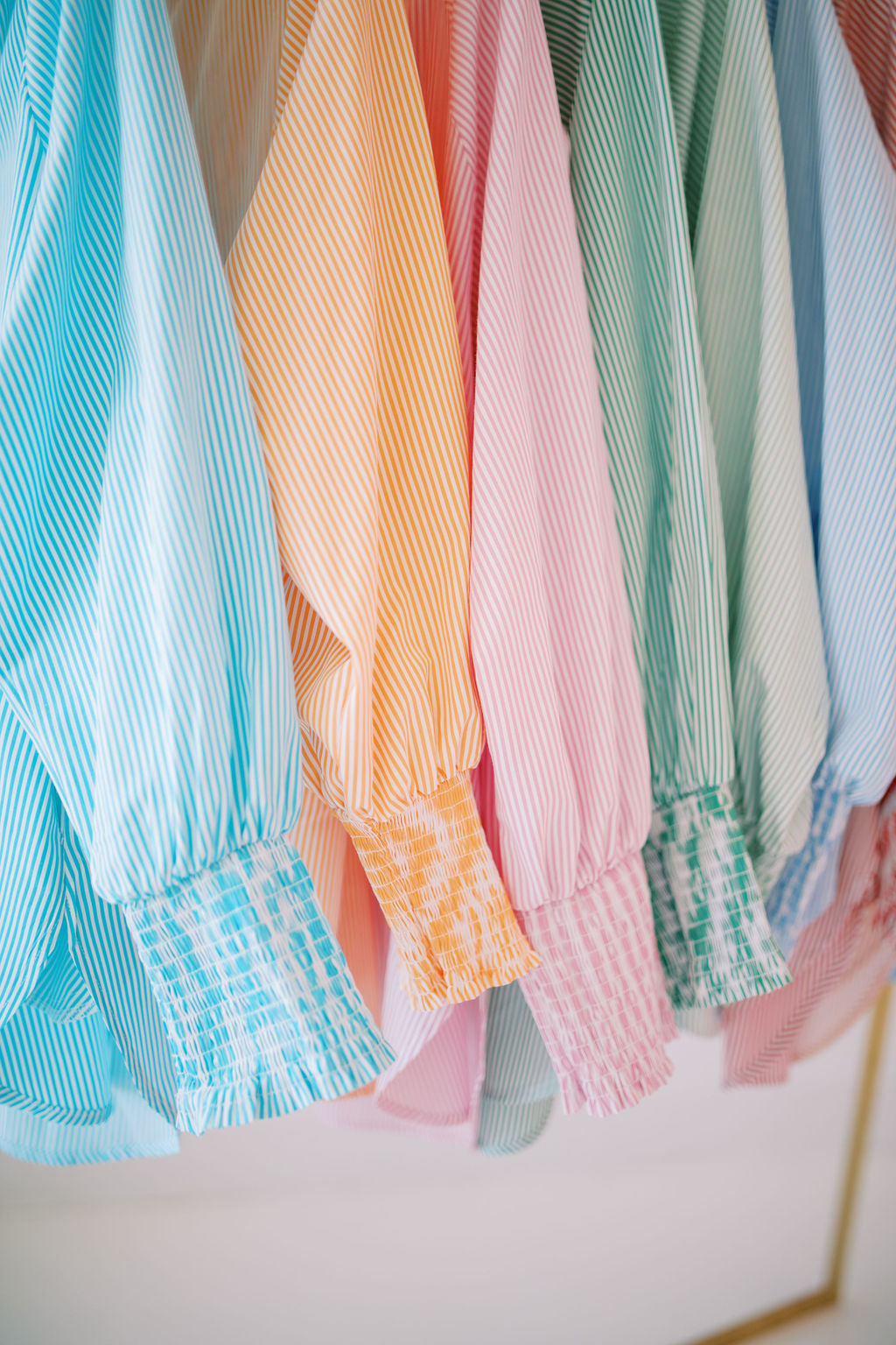 Striped smocked cuff boyfriend shirt