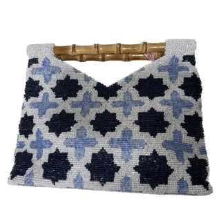 Blue & White Bamboo Handle Hand-Beaded Bag