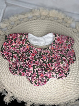 Children's Handmade Scalloped Baby Bib | Pink and Green Cotton Floral Baby Bib