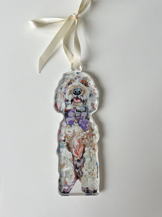 Goldendoodle with purple bow Acrylic Christmas Dog Ornament | Wreath Charm