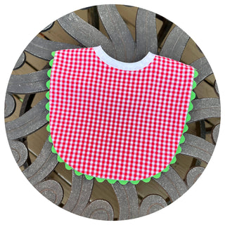 Gingham Baby Bib With Ric Rac (Red with Lime)