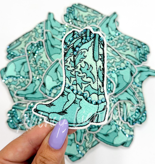 Turquoise rhinestone cowboy boot embroidery patch iron on-Accessories-[product_category]-Whatsoever Things