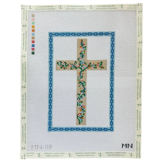 Floral Cross Blue Chain Border Needlepoint Canvas