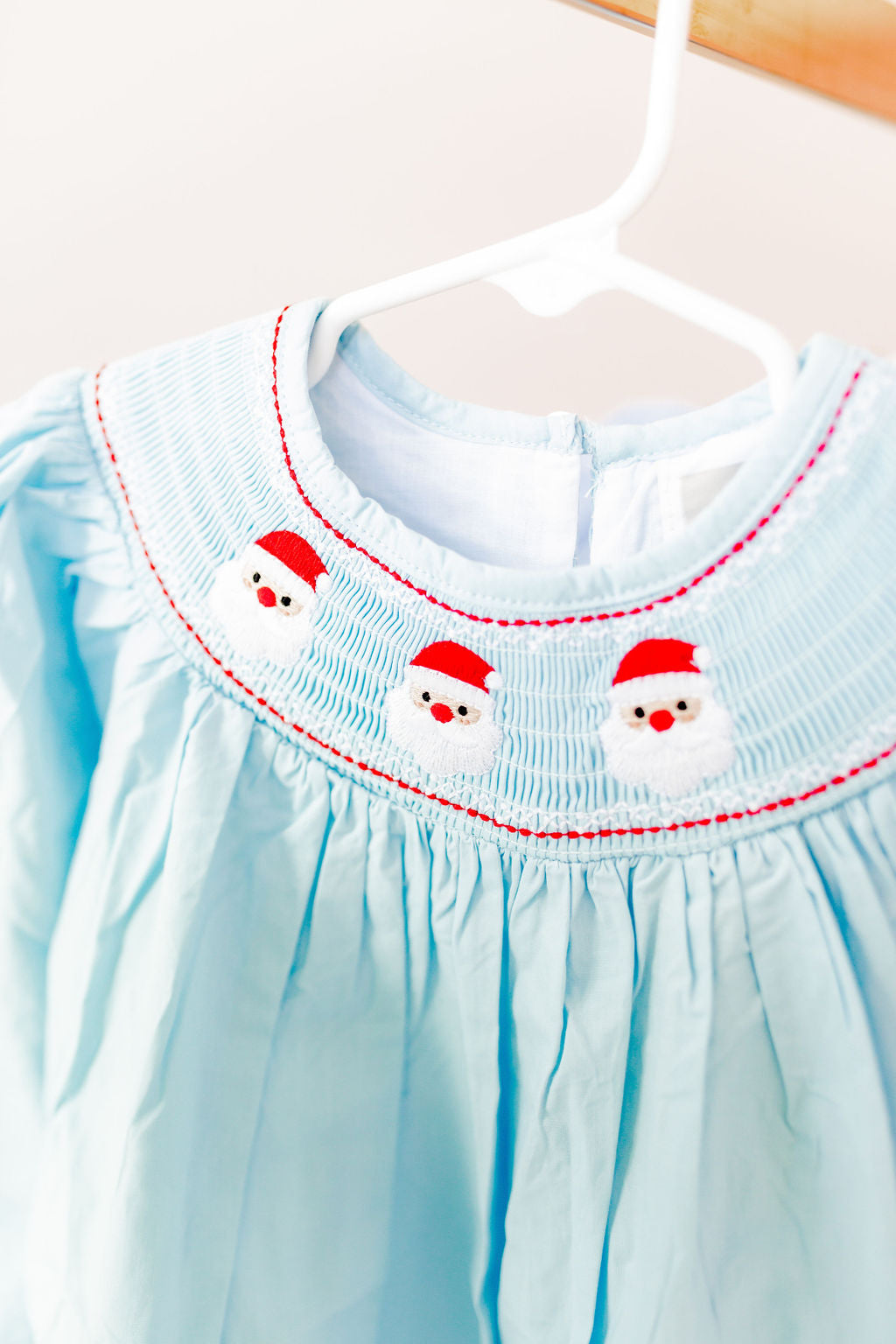 Blue Santa Smocked Bishop Dress