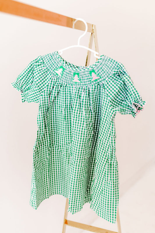 Green Plaid Christmas Tree Smocked Dress