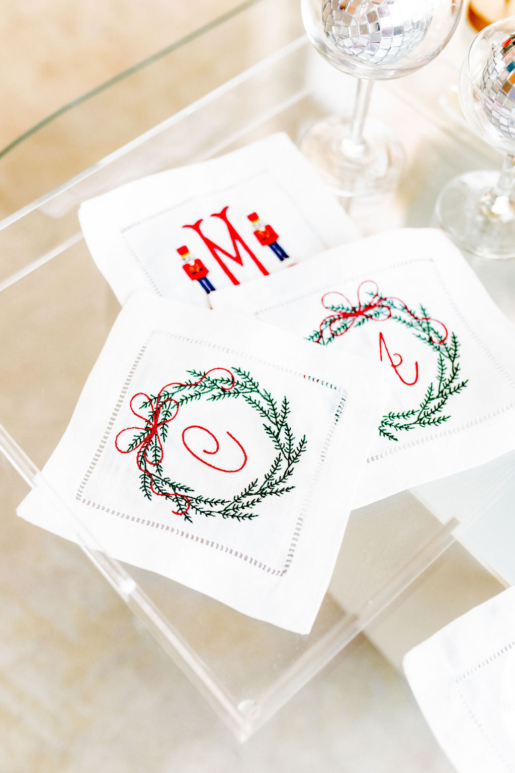 Christmas Wreath Embroidered Cocktail Napkins, Set of 4