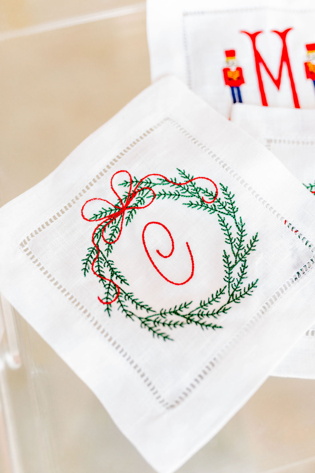 Christmas Wreath Embroidered Cocktail Napkins, Set of 4
