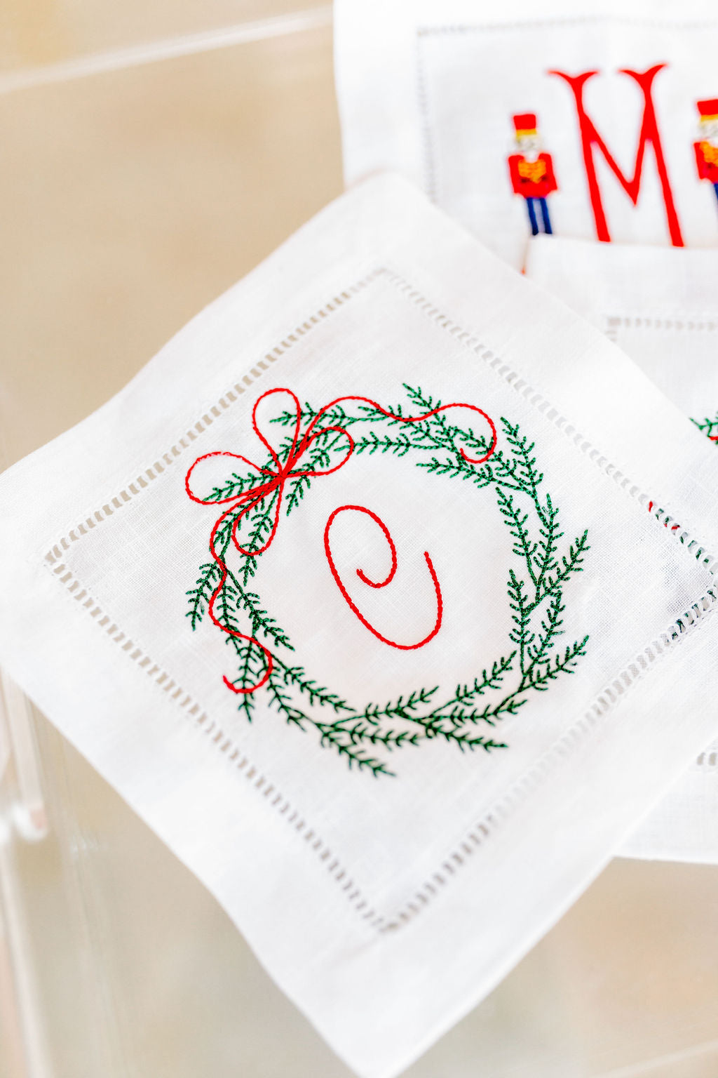 Christmas Wreath Embroidered Cocktail Napkins, Set of 4