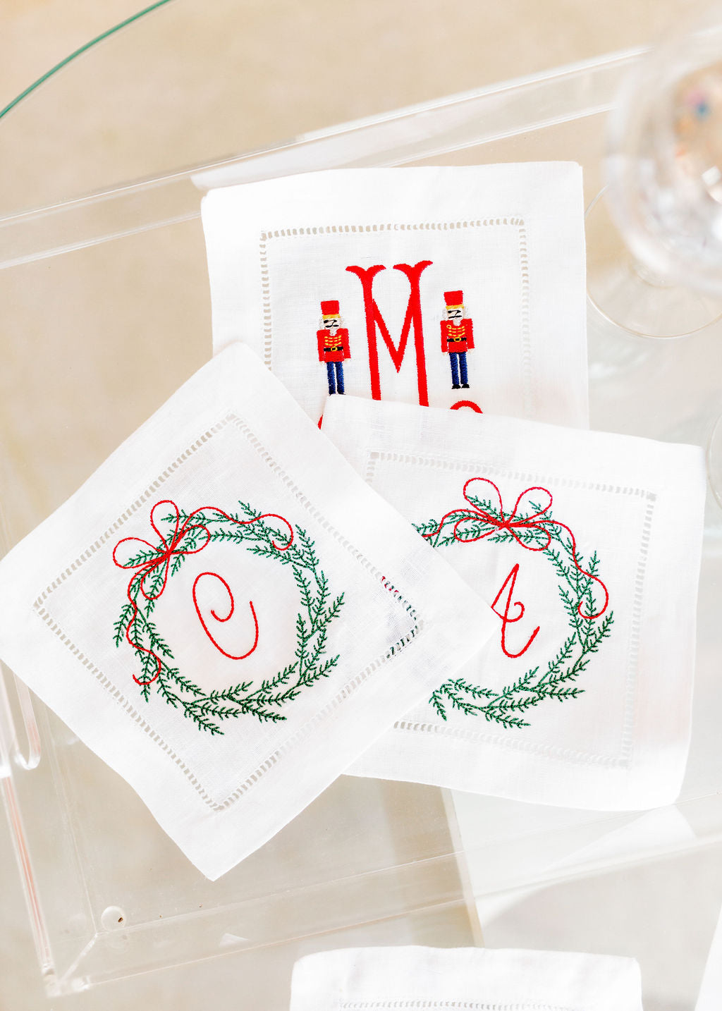 Christmas Wreath Embroidered Cocktail Napkins, Set of 4