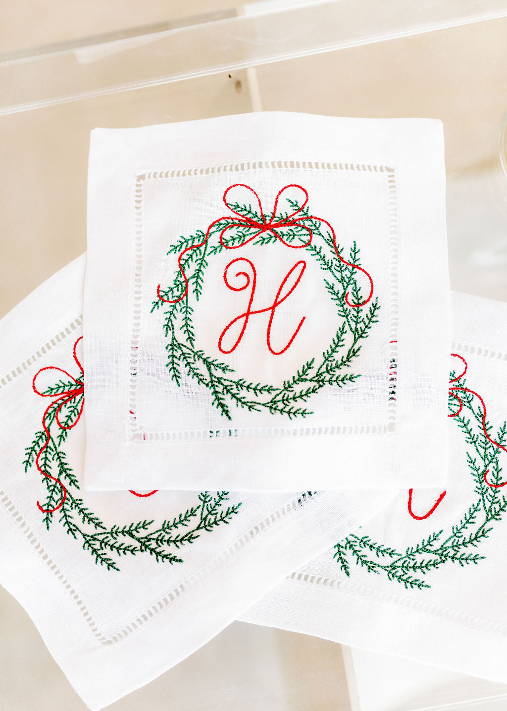 Christmas Wreath Embroidered Cocktail Napkins, Set of 4