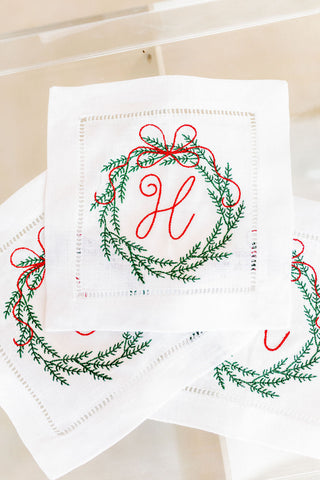 Christmas Wreath Embroidered Cocktail Napkins, Set of 4-Napkins-[product_category]-Whatsoever Things