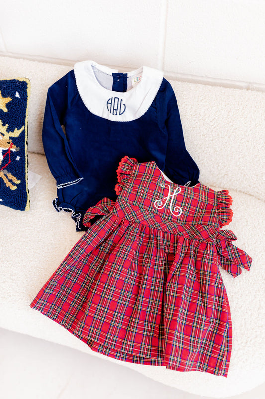 Long Sleeve Bishop Bubble Romper, Navy Corduroy