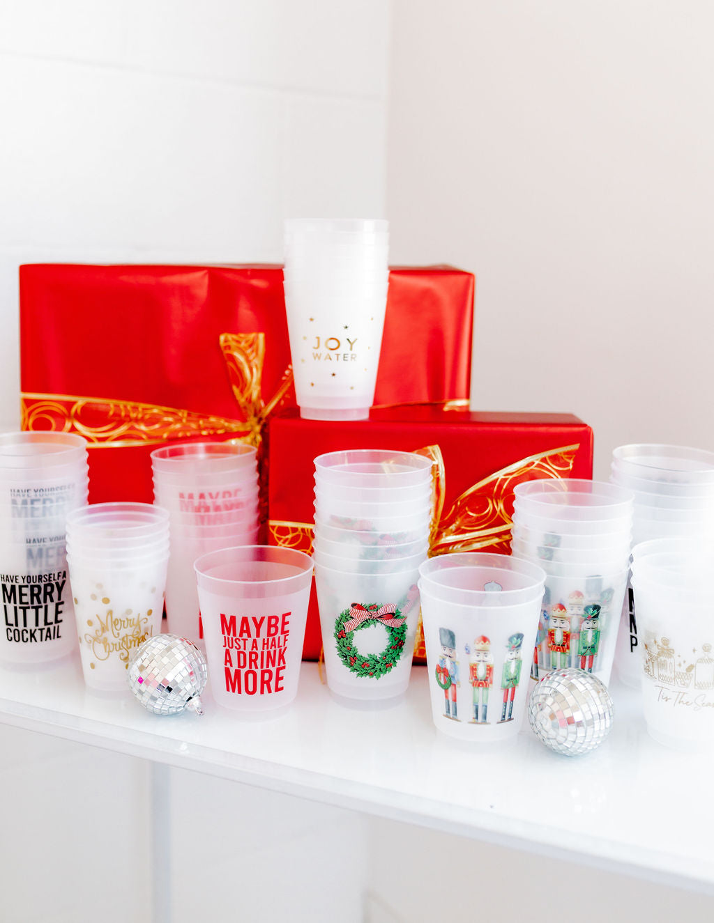 'More Merry Please' Frosted Cups, Set of 8