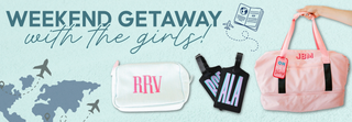 Promotional banner for a weekend getaway with travel bags and monogrammed items. | Whatsoever Things | Dallas, TX
