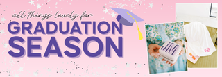 Promotional banner for graduation season with text and images of graduation-themed products on a pink background | Whatsoever Things | Dallas, TX